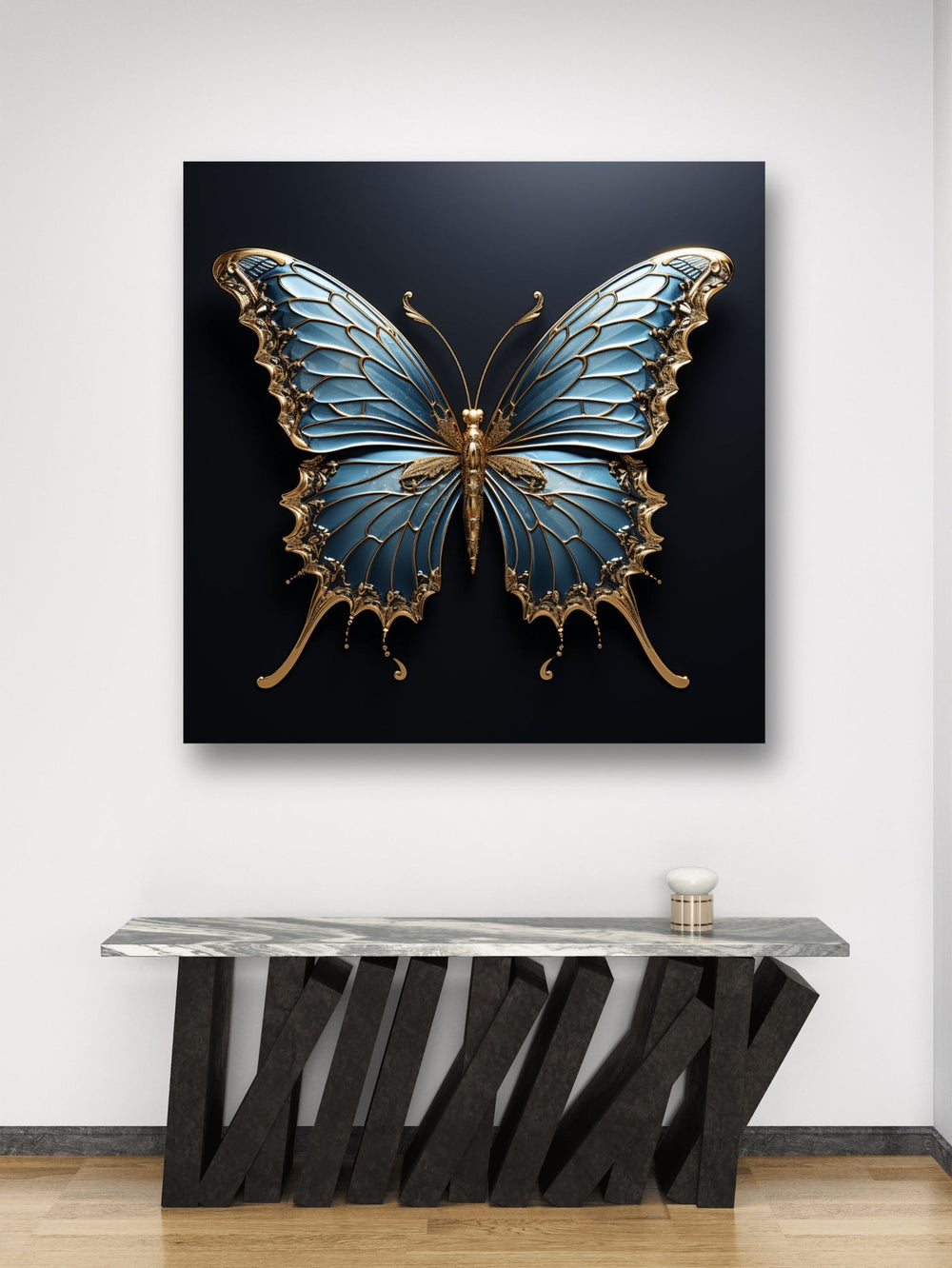 Glasbild - Golden Butterfly Blue - mywallexpressions